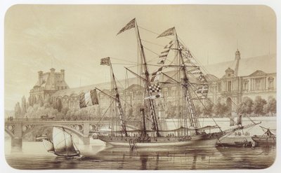 De Sole, eerste langeafstandsschip met schroef, voor anker voor de Tuilerieën in Parijs door Louis Le Breton